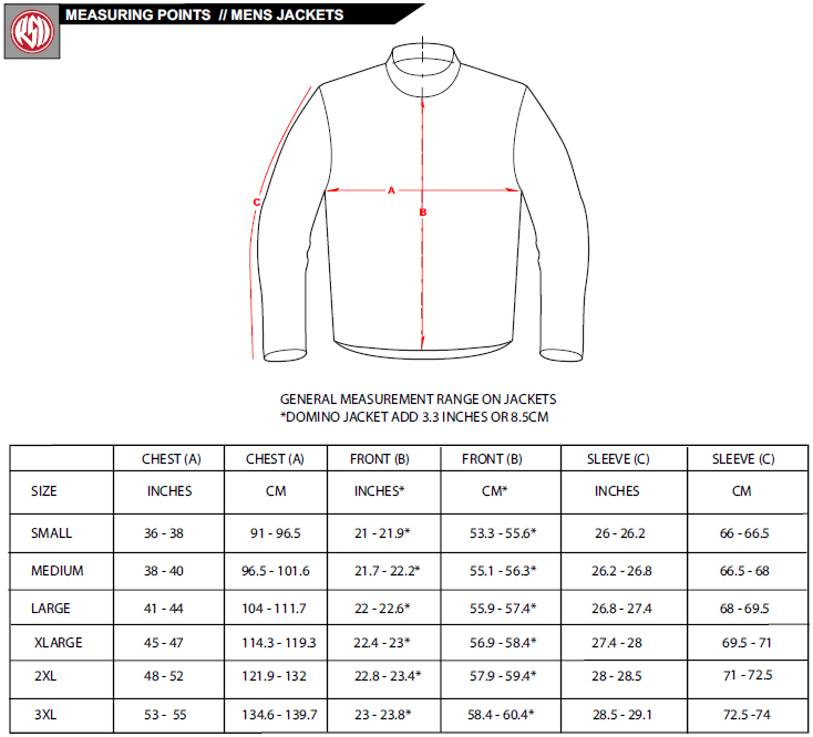 Segura Jacket Size Chart